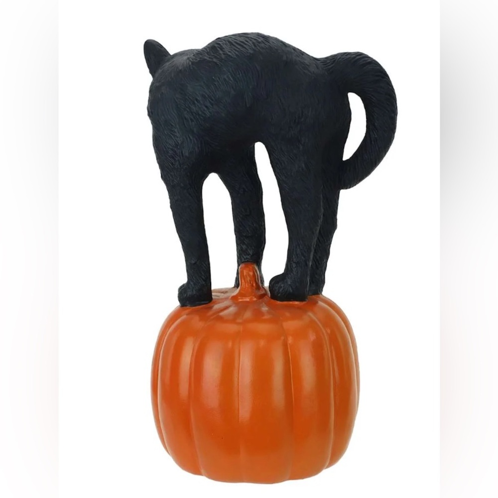 Haunted Halloween Scary Black Cat on Jack-O-Lantern Pumpkin Resin Figurine 8” - Picture 5 of 6